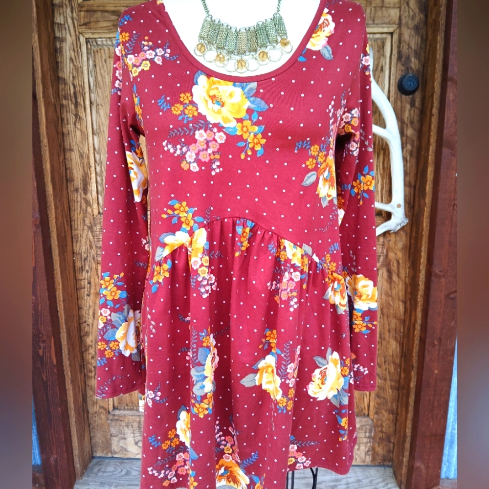 AGNES & DORA Muse Top Rust FLORAL DOT Babydoll Floral Tunic Mini Dress Boho
